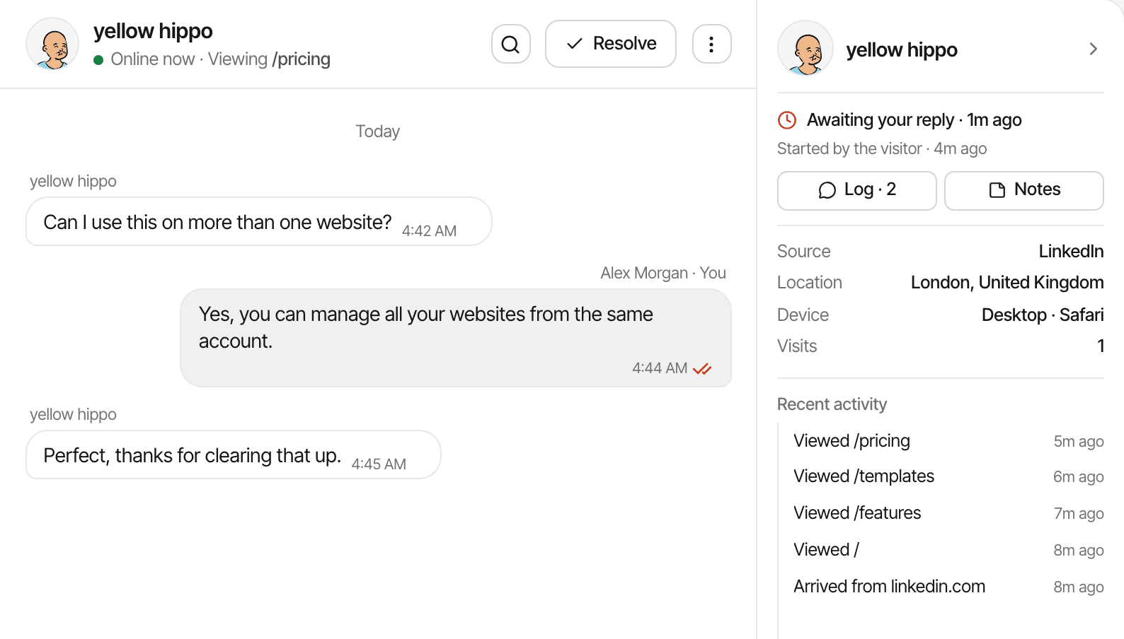 The same conversation in the Inbox, with the visitor's source, location, device and the pages they viewed before asking.
