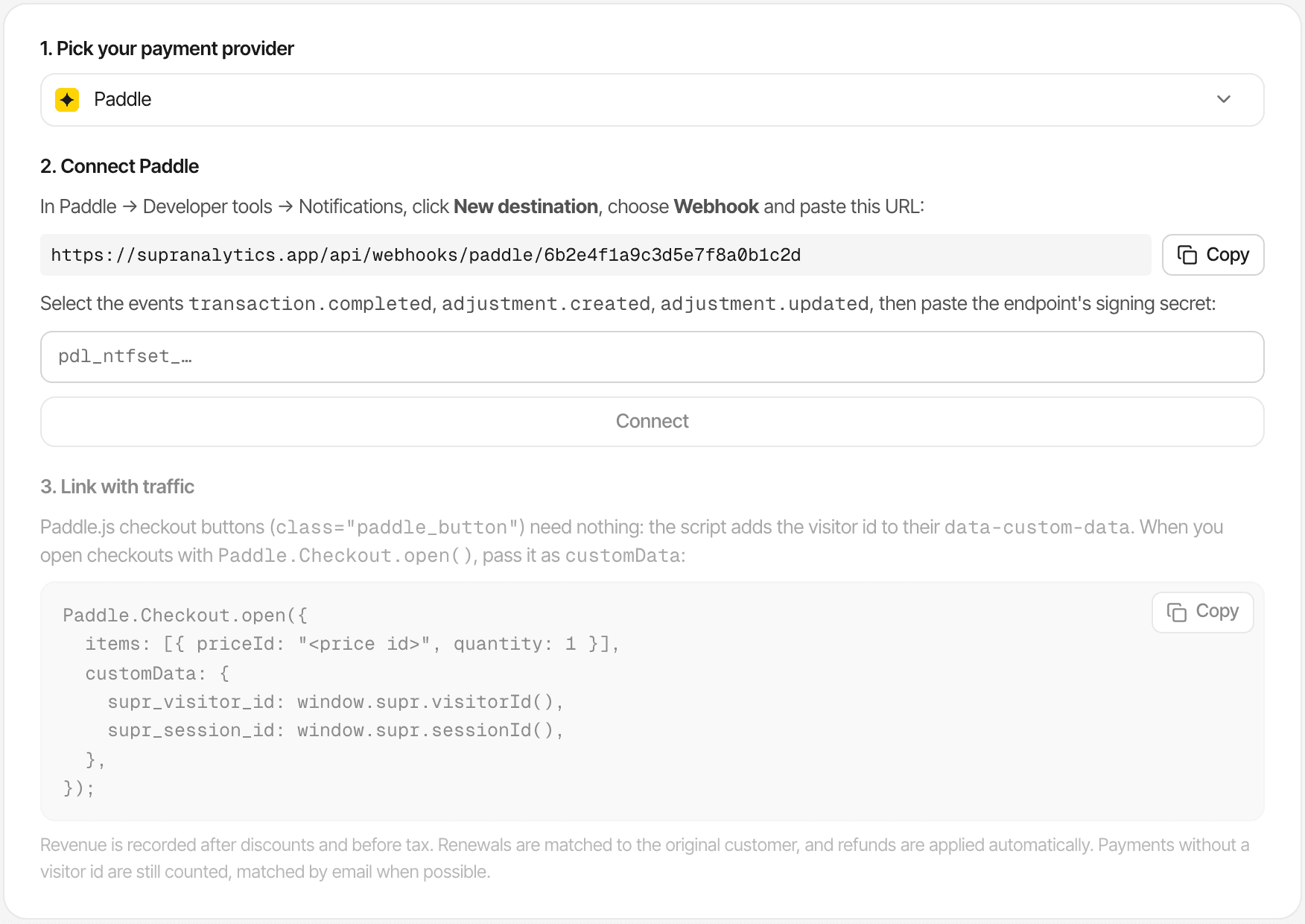 The Revenue settings of a demo website with Paddle picked: the webhook URL to paste in Paddle, the three events to select, an empty field for the destination's secret key, the Connect button, and the Paddle.Checkout.open snippet.