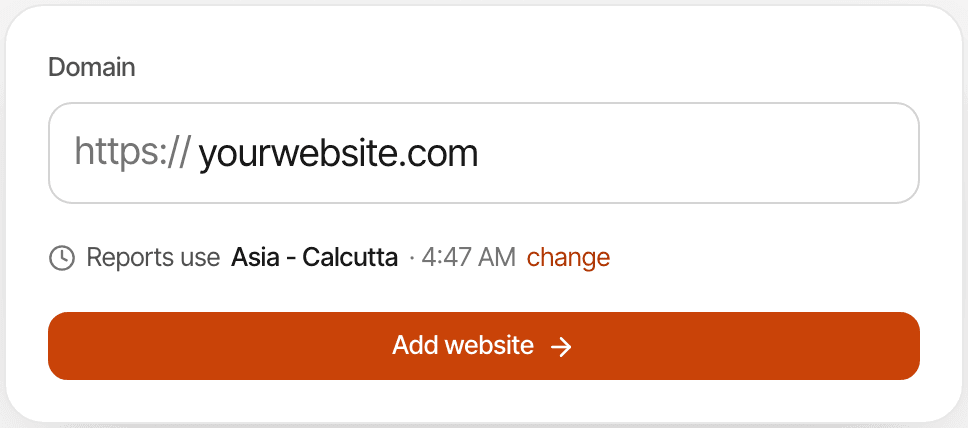 The add-website form: a domain field with yourwebsite.com typed in, the report timezone, and an Add website button.