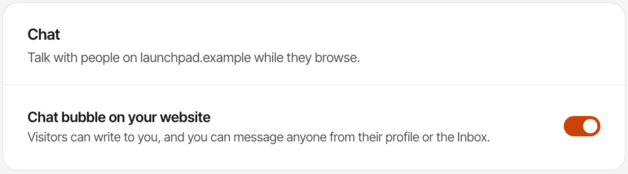 The chat settings: a switch that puts the chat bubble on your website.