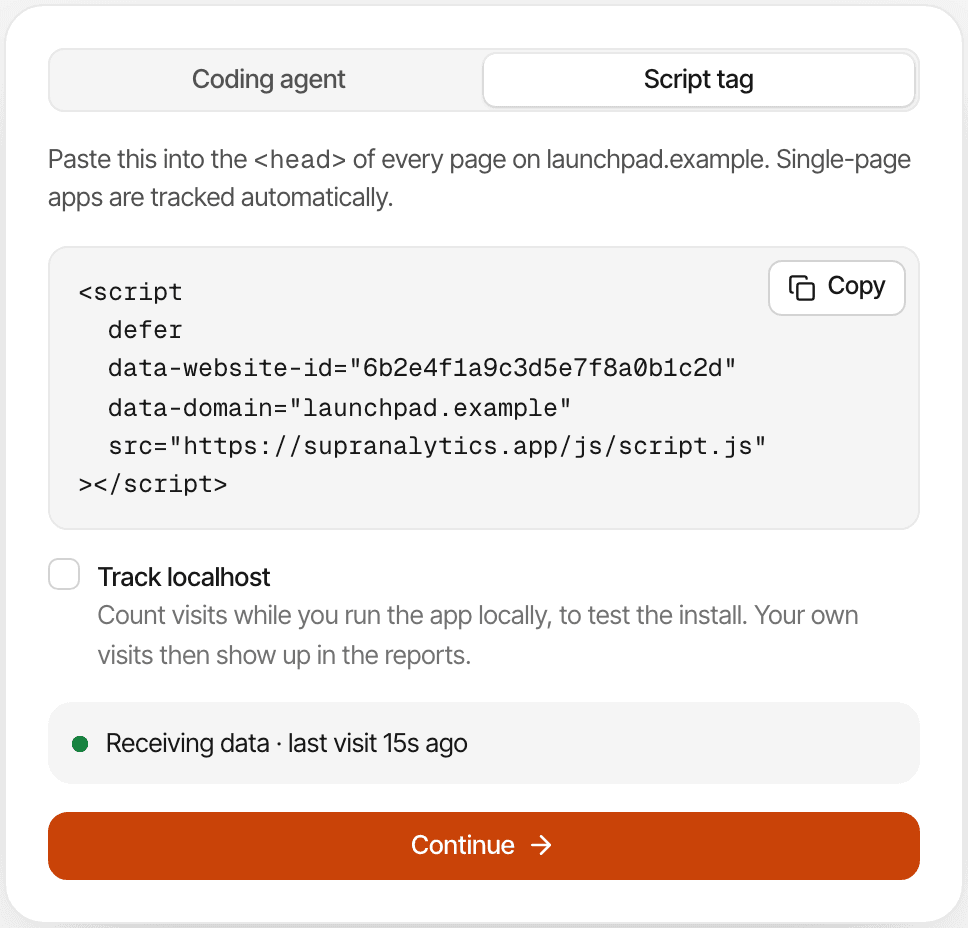 The install step: the script tag to paste into the head of every page, and a note that the website has started receiving data.