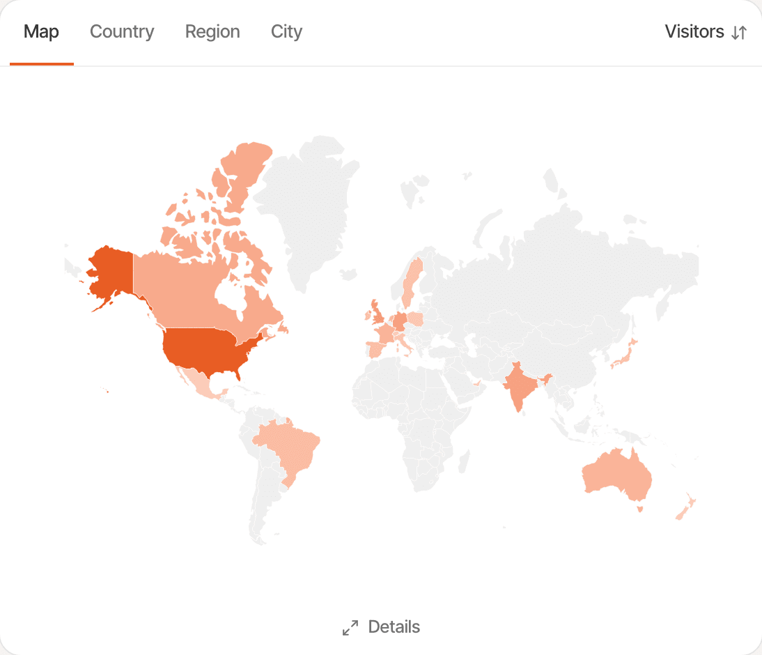The Locations card of a fictional website, Launchpad, on its Map tab: a world map with the United States shaded darkest, then India, the United Kingdom, Germany, Canada, Australia, Brazil and other countries lighter. Made-up data.