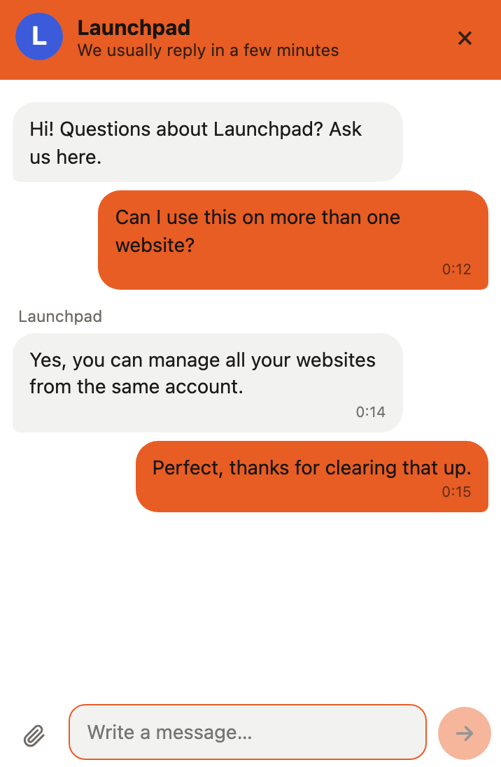 The chat window on a website, with a made-up greeting and conversation